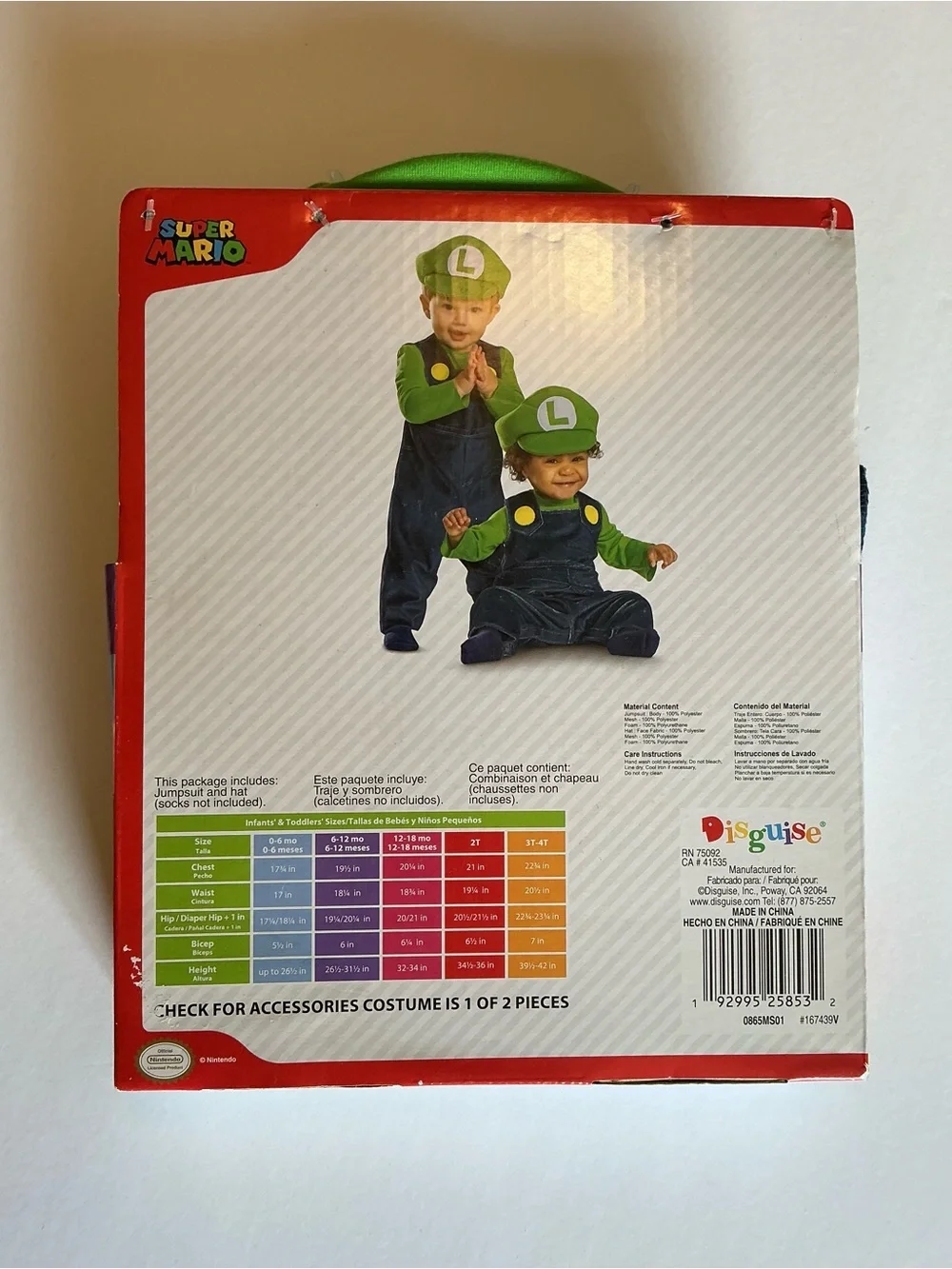 NWT Nintendo Luigi Super Mario Halloween Costume Infant Size 6-12mos by Disguise